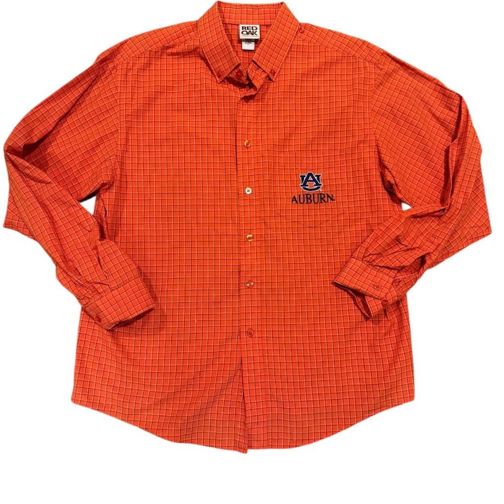 Auburn Long Sleeve Button Down Large, Orange Windowpane, Red Oak
